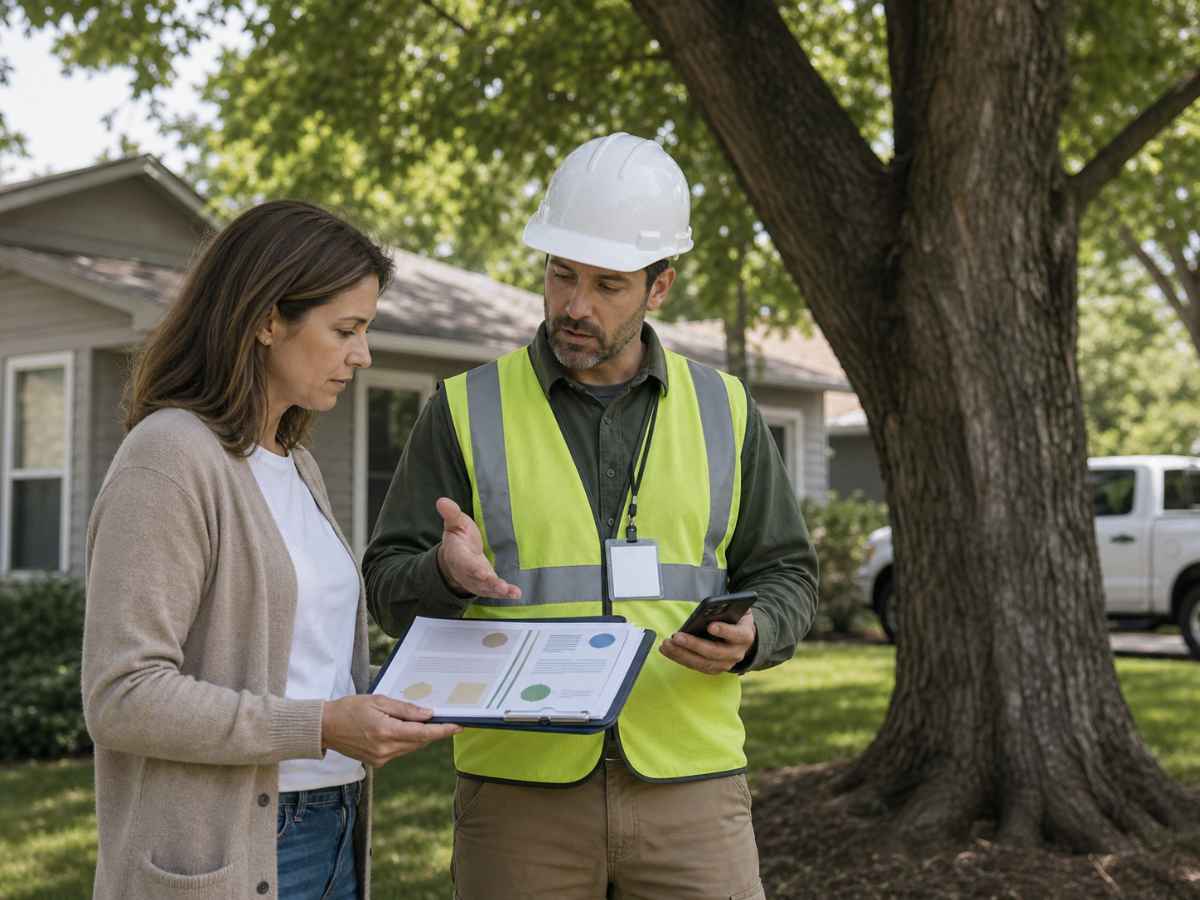 Homeowner reviews credential documents with a tree-service arborist beside a mature tree.