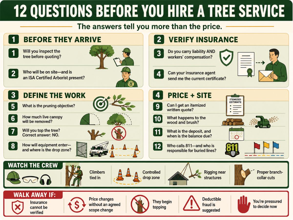 Infographic outlining 12 questions to ask before hiring a tree service, covering site inspection, arborist credentials, insurance, pruning plans, equipment access, written quotes, debris disposal, payment terms, and underground utility lines. It also highlights crew safety practices and warning signs that should make a homeowner walk away.