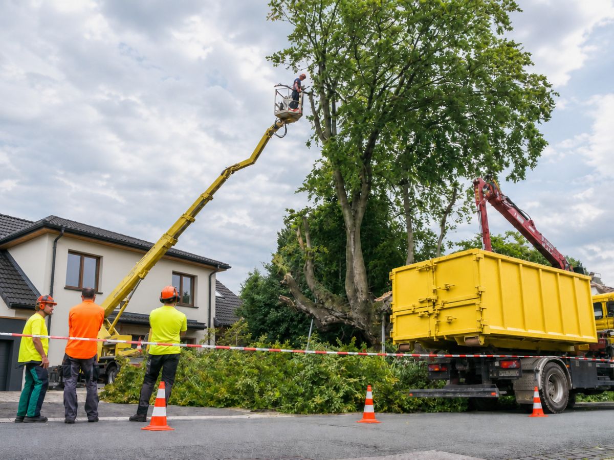 Tree-removal crew using an aerial lift and crane beside a yellow debris truck outside a suburban home.