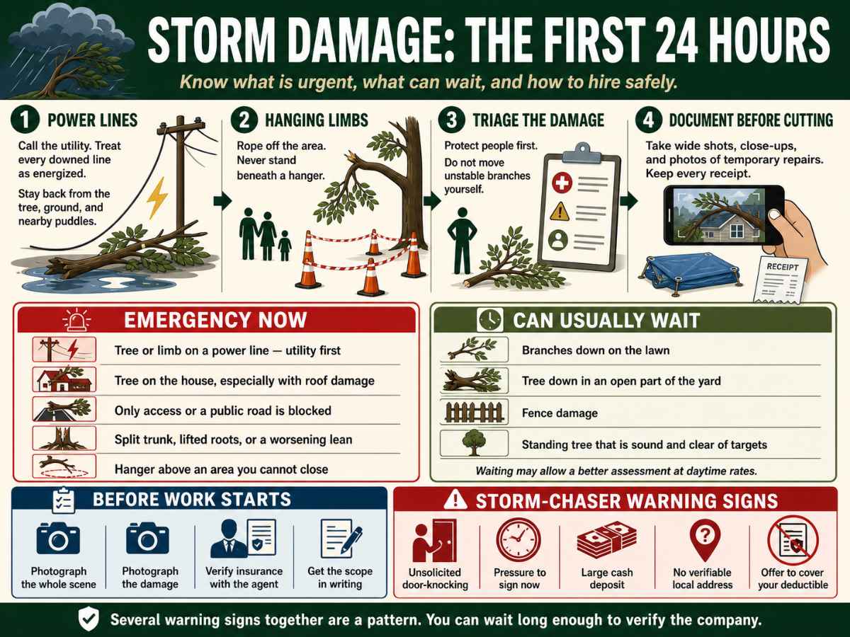Infographic explaining what to do during the first 24 hours after storm-related tree damage: avoid power lines and hanging limbs, protect people, photograph damage, identify genuine emergencies, and verify contractors before work begins.