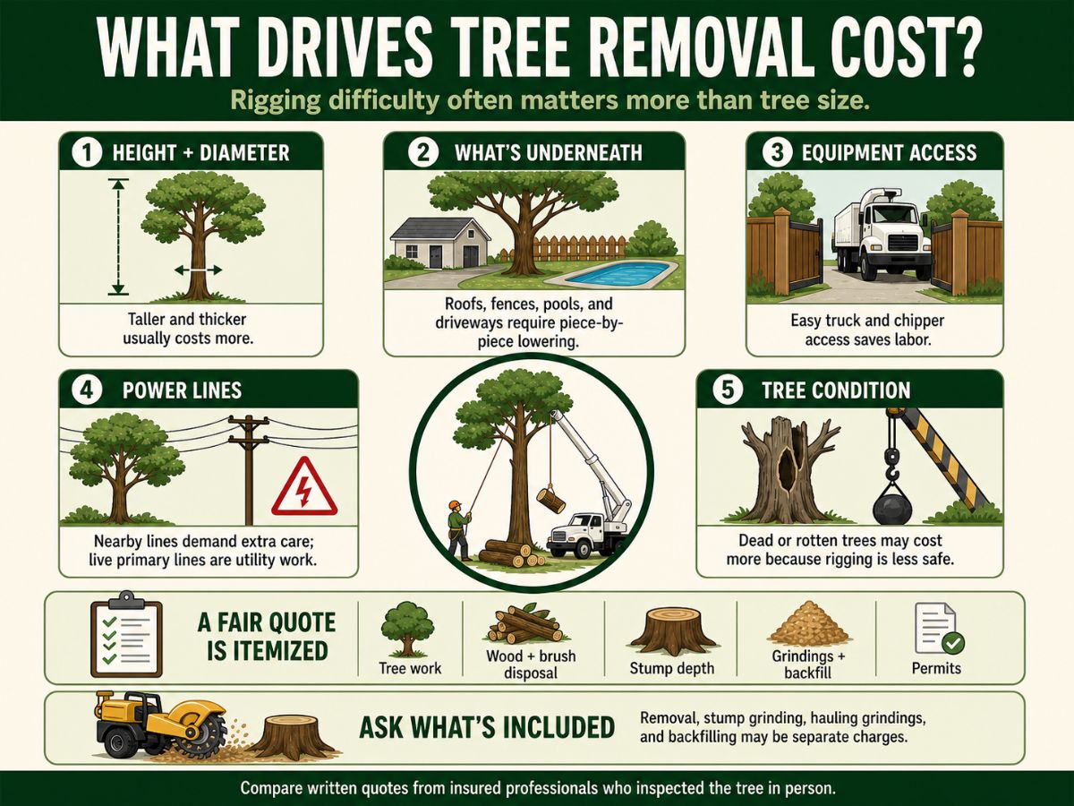 Infographic explaining five factors that affect tree removal cost: tree size, objects beneath it, equipment access, nearby power lines, and tree condition. It also lists what an itemized quote should include and notes that stump grinding may be charged separately.