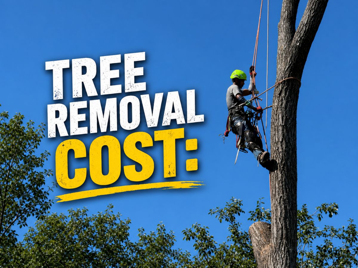 Arborist climbing a tall tree against a clear blue sky beside bold text reading ‘Tree Removal Cost.