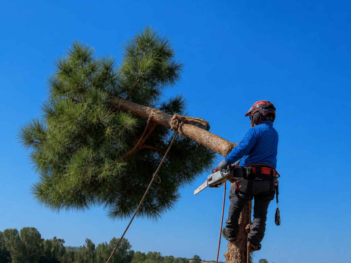 An arborist in blue workwear holds a silver chainsaw while standing on a trimmed pine trunk beneath a clear blue sky.