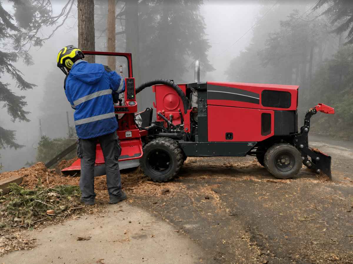 An arborist in a blue reflective jacket operates a red-and-graphite stump grinder on a foggy roadside surrounded by tall trees.