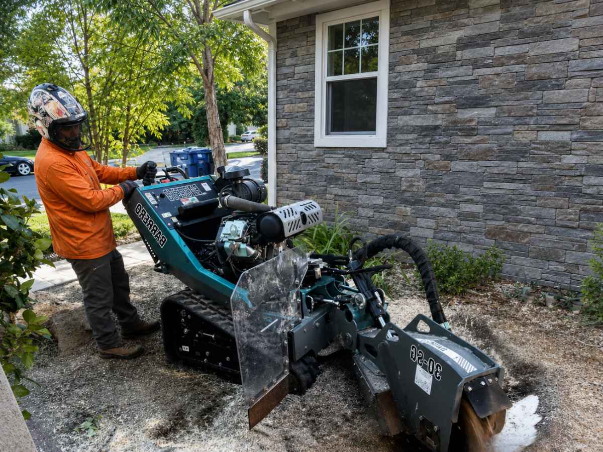 An arborist in an orange jacket operates a teal tracked stump grinder beside a gray stacked-stone craftsman home.