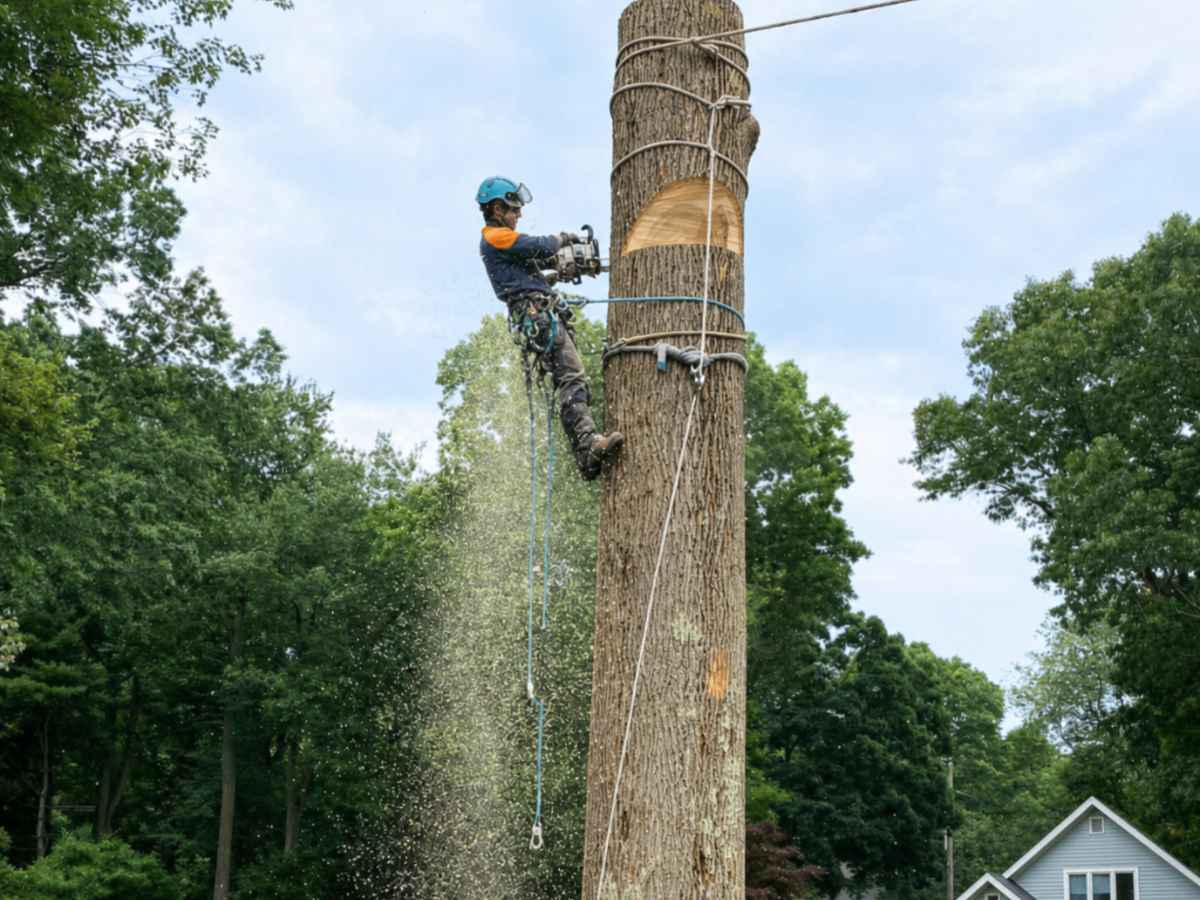 An arborist in navy and orange cuts a narrowed trunk as sawdust sprays into the air above a pale-blue craftsman bungalow.