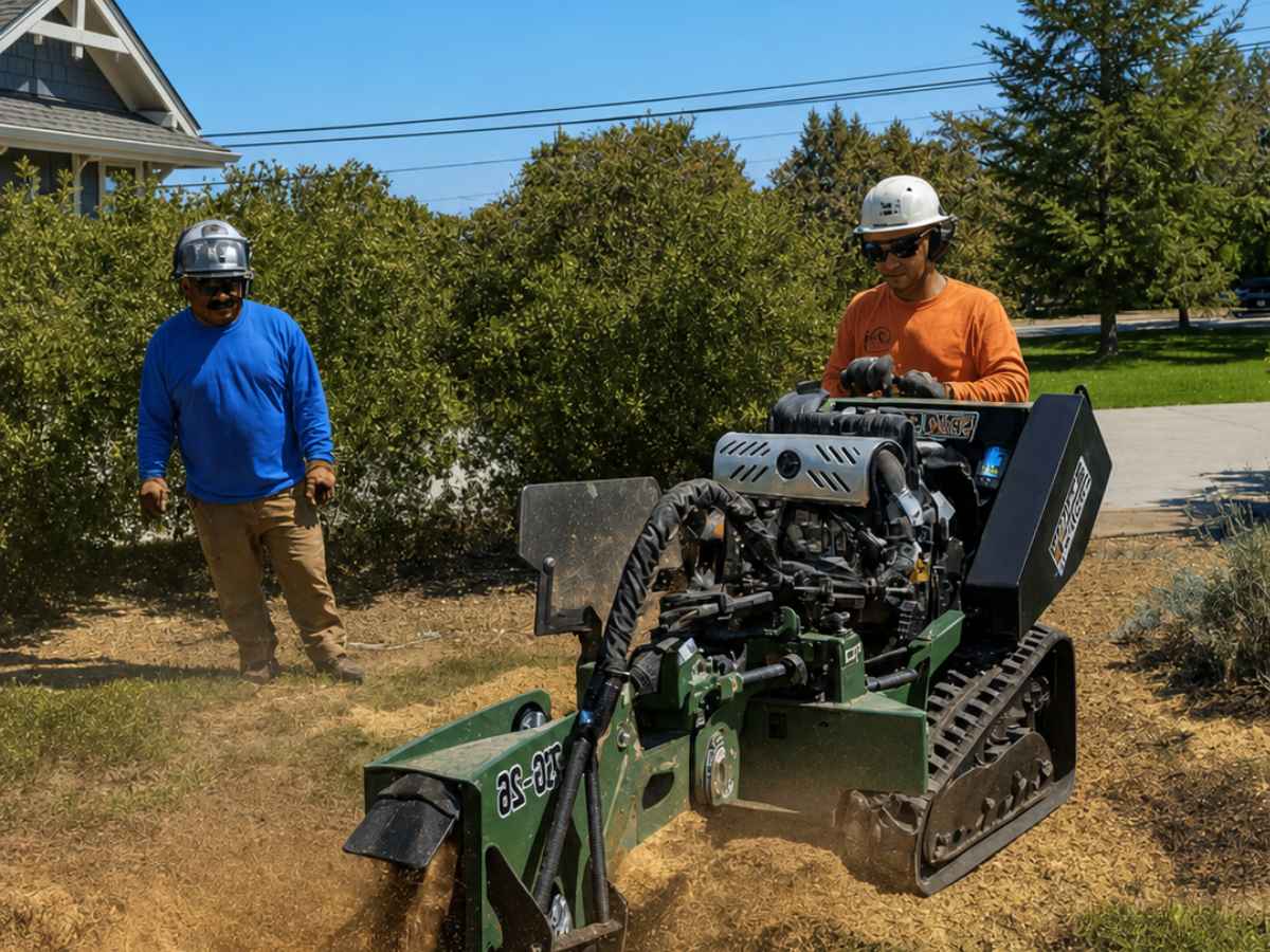 Two tree-service workers in orange and blue stand beside a forest-green tracked stump grinder throwing dust across a yard.