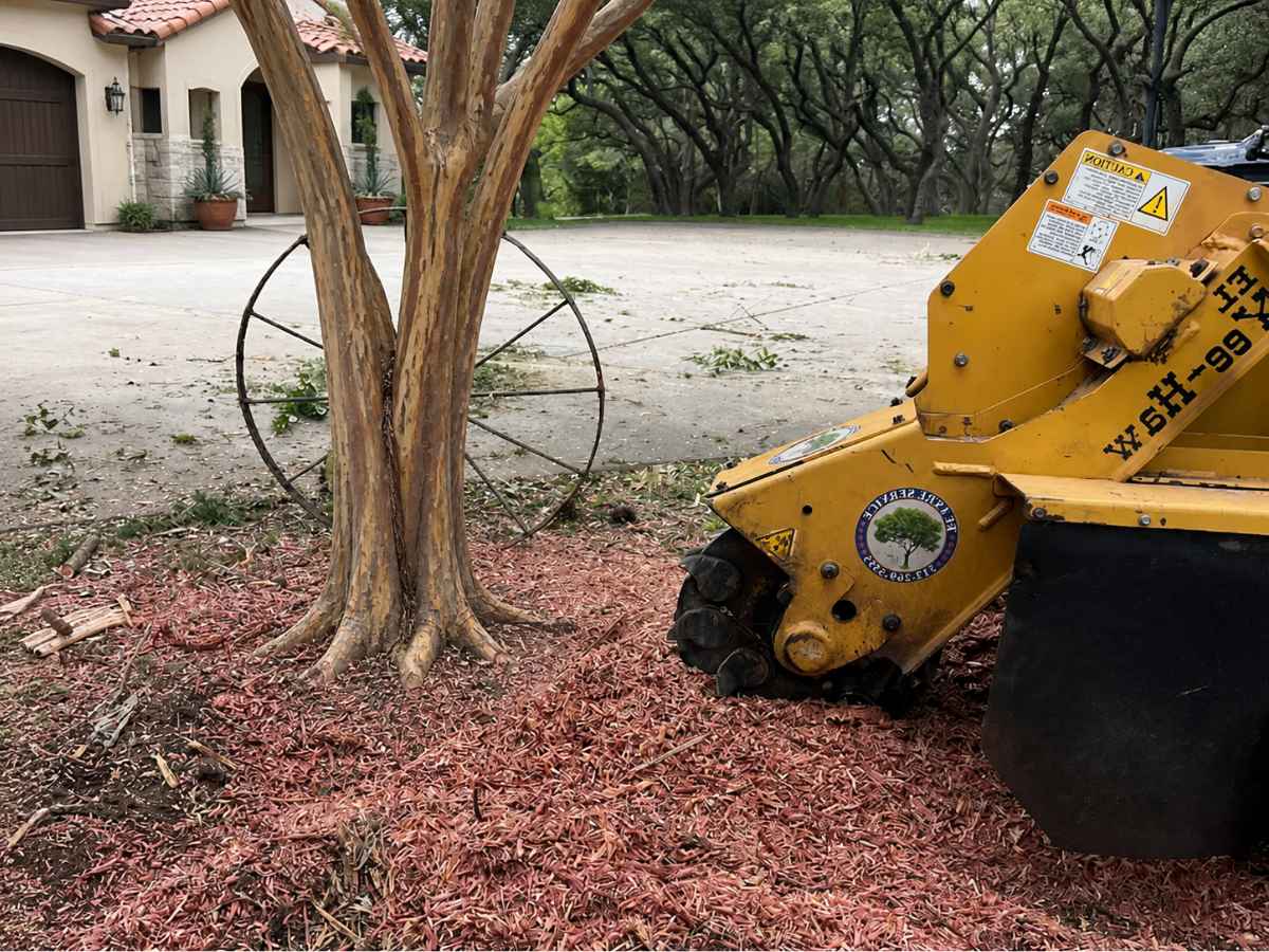 Stump grinder positioned beside a crape myrtle tree and Mediterranean-style home.