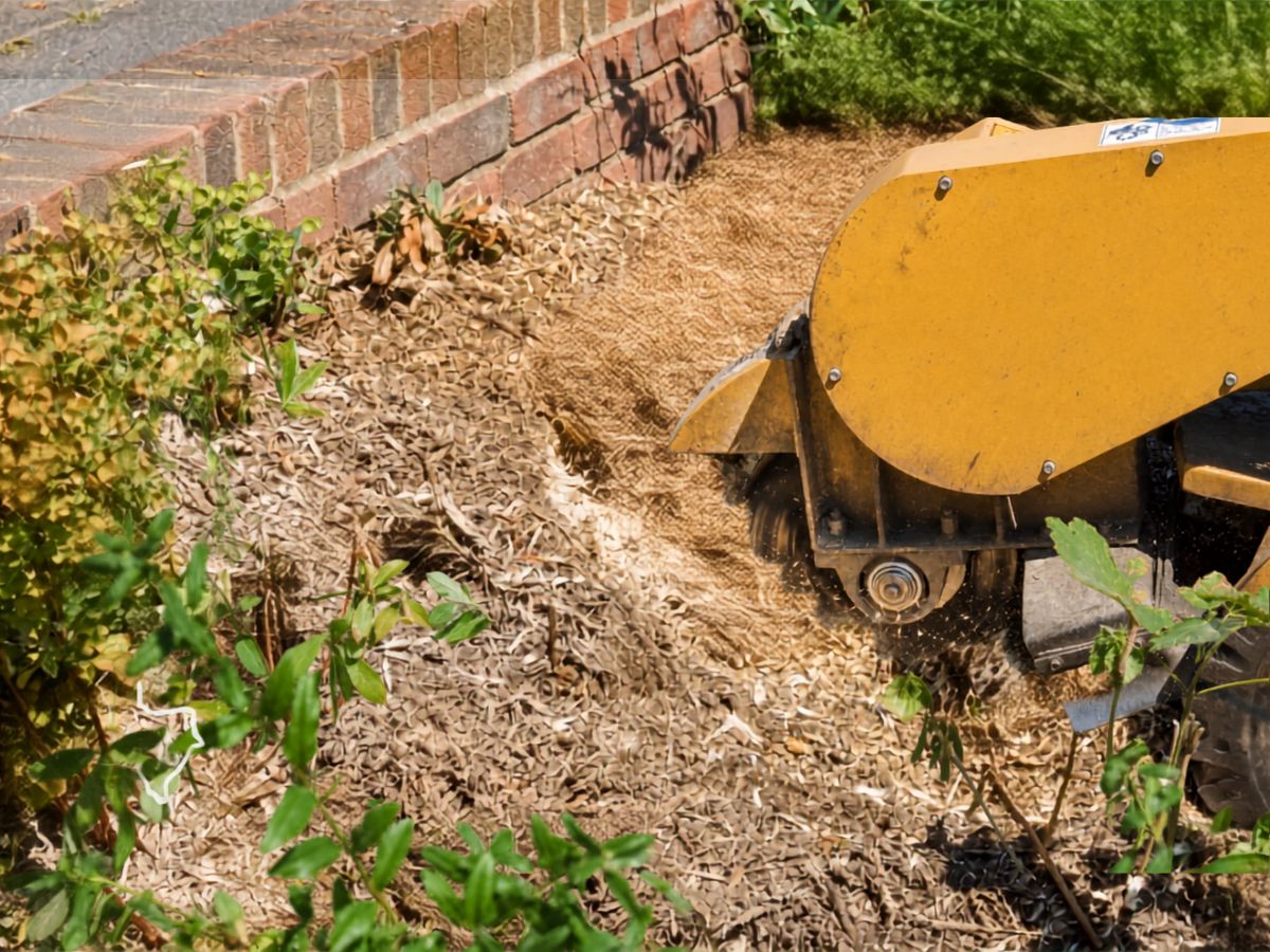 yellow stump grinder chewing stump
