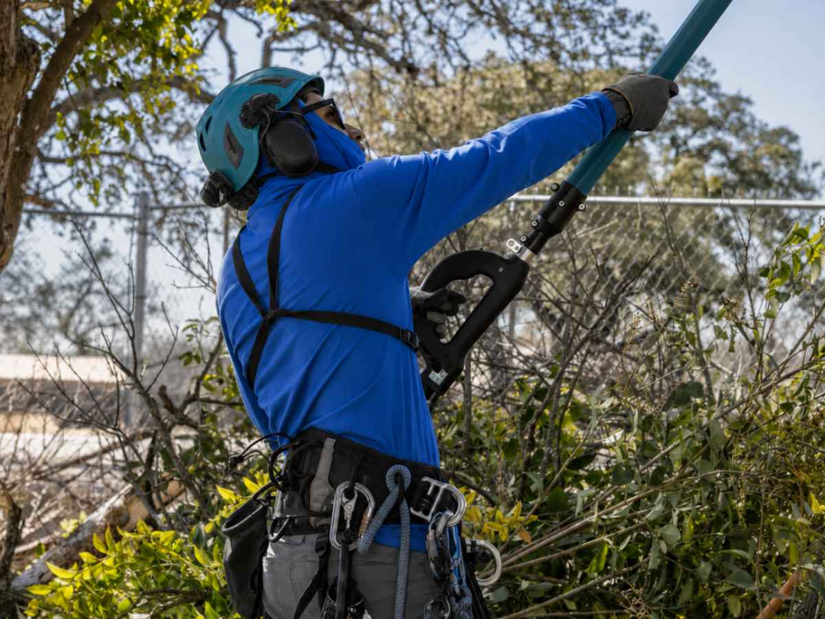 Worker in cobalt-blue safety clothing uses a plain teal pole saw amid a reduced pile of cut branches.