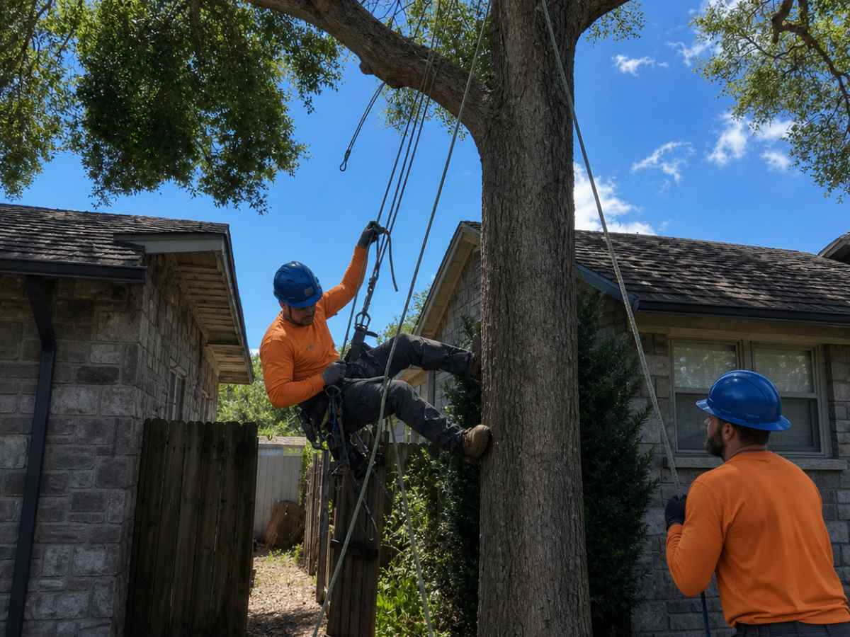 Two workers in burnt-orange clothing rig a slimmer residential tree between gray stone Craftsman homes.
