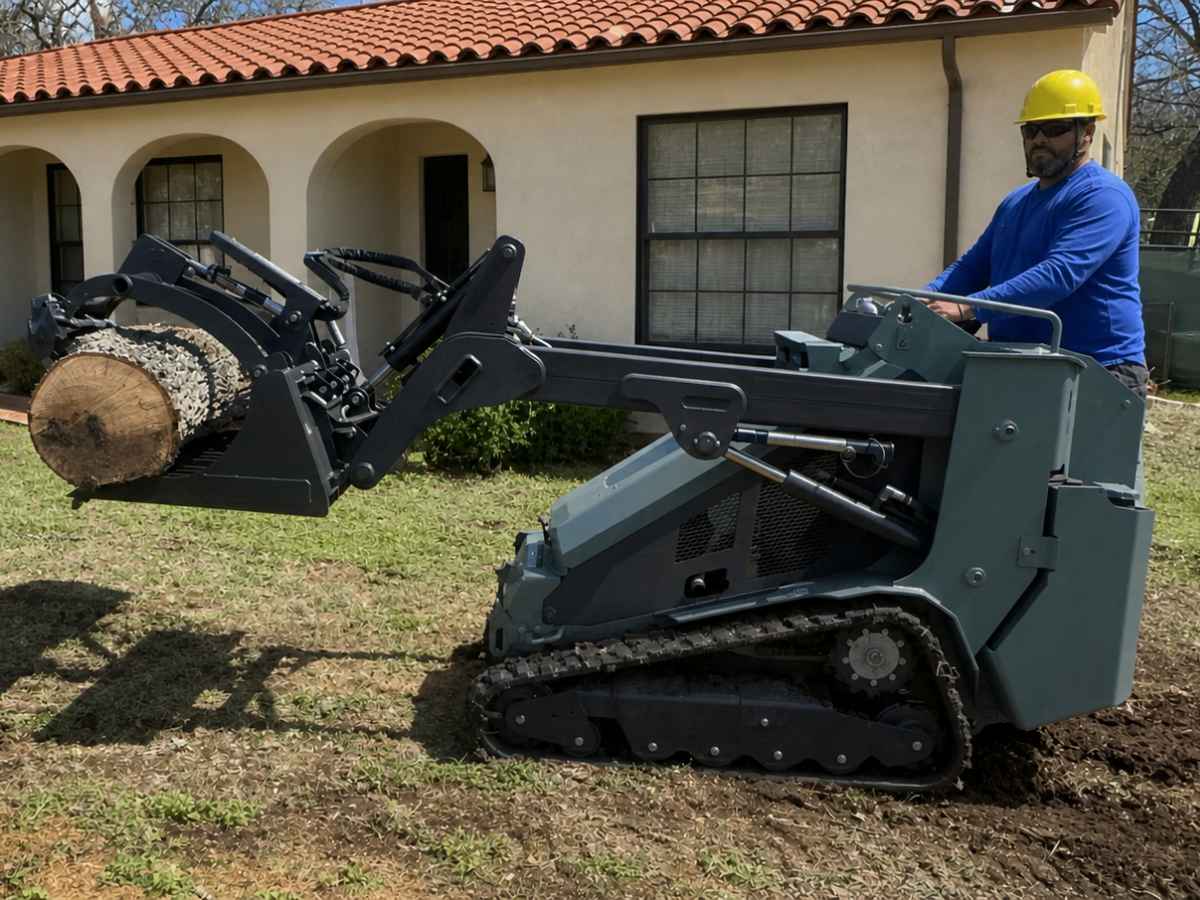 Worker in blue clothing drives a plain teal compact loader carrying a smaller log before a Spanish Revival home.