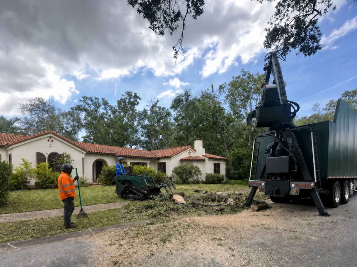 Blue- and orange-clad workers clear smaller tree debris with a plain green loader and black grapple truck outside a Spanish Revival home.