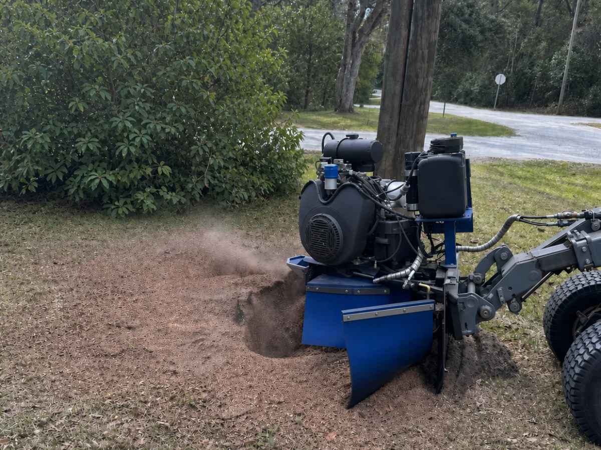 Plain blue-and-graphite stump grinder removes a smaller roadside stump beneath leafy trees.