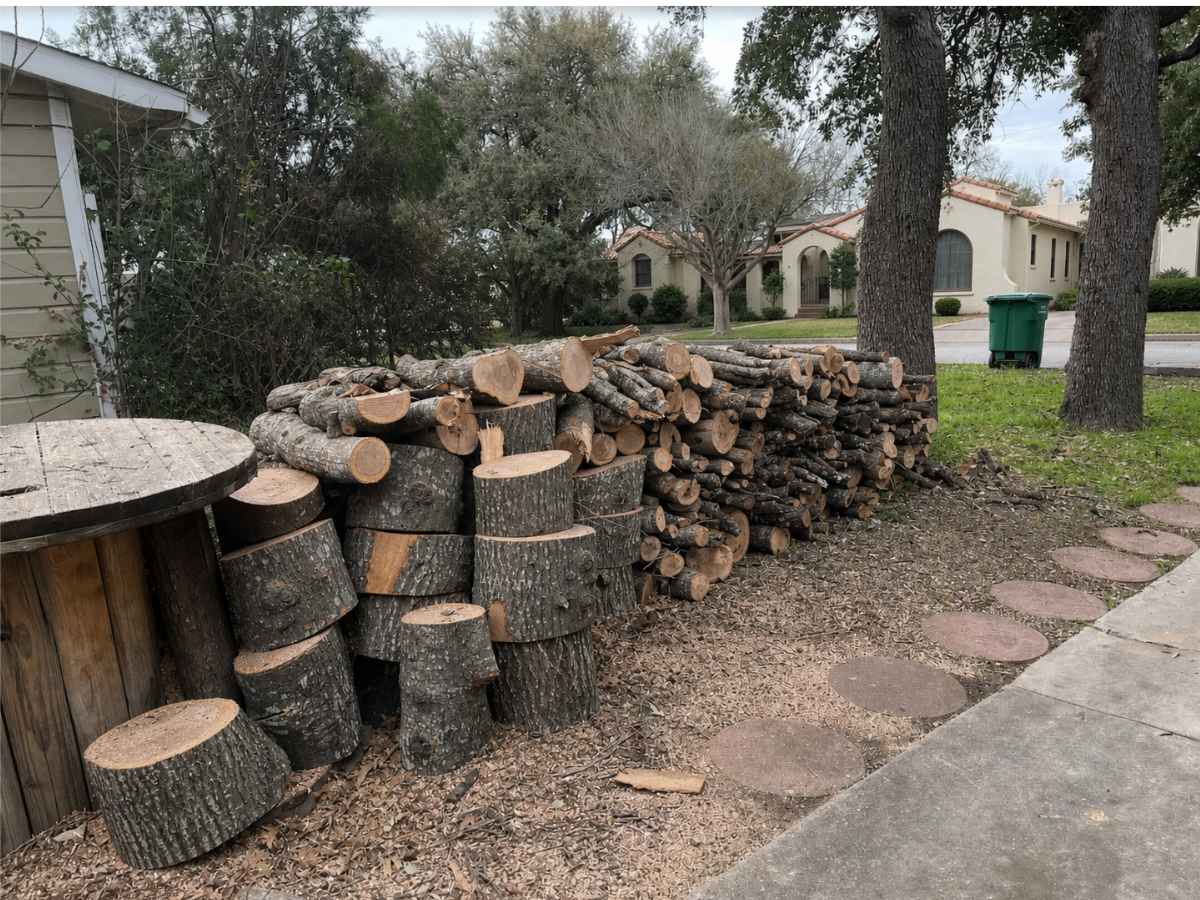 Reduced stack of cut logs and trunk rounds fills a yard across from cream Spanish Revival cottages.