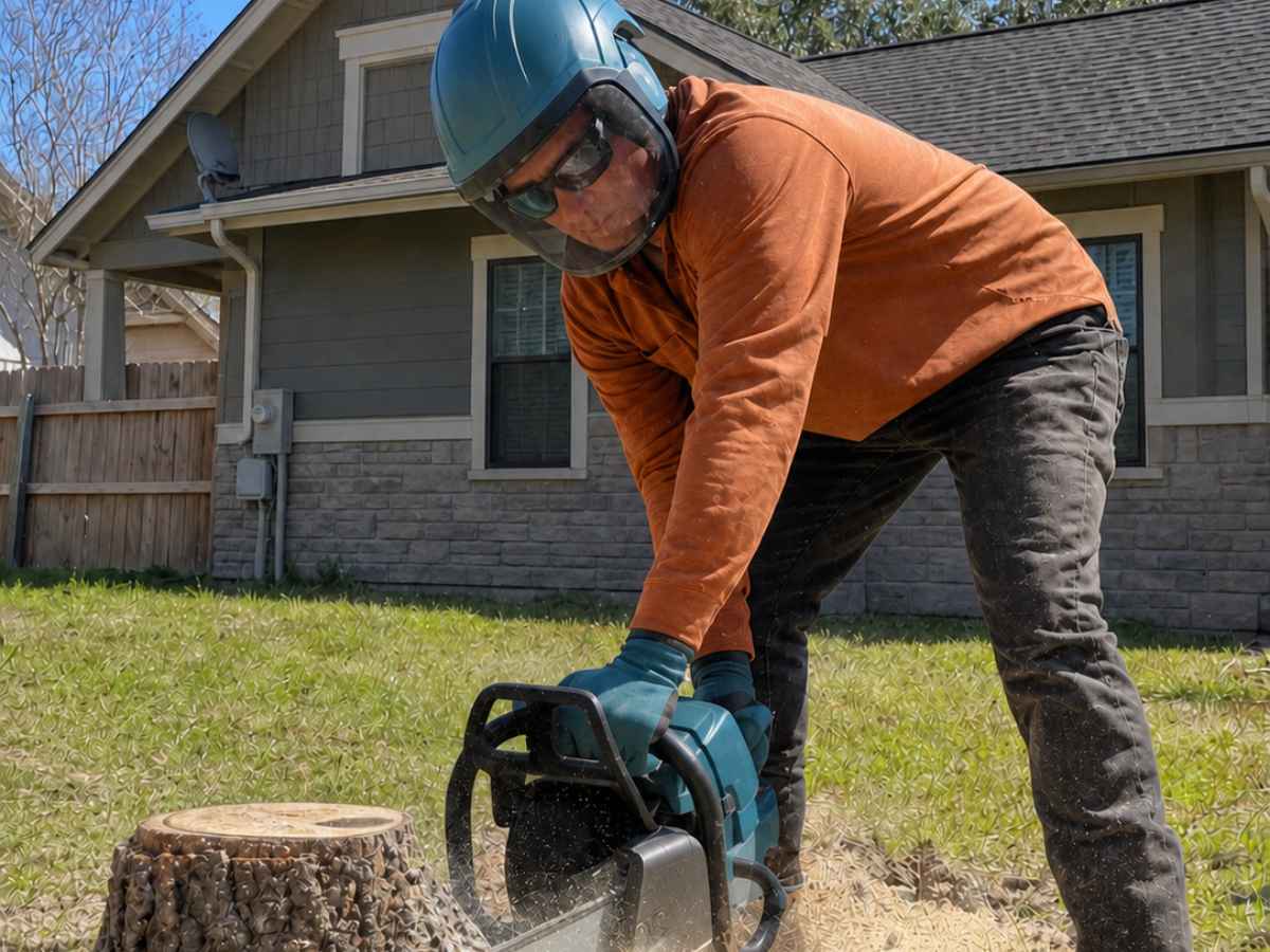 Worker in burnt-orange protective clothing cuts a smaller stump with a plain teal chainsaw before a gray Craftsman home.
