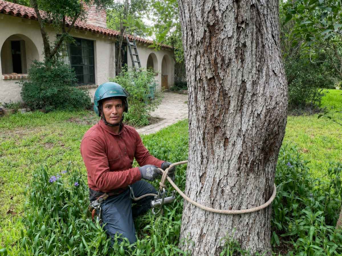 Worker in rust-red workwear handles a rope around a slimmer trunk outside a cream Spanish Revival cottage.