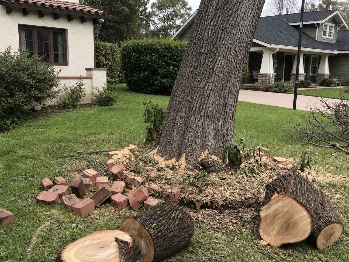 Cut logs, sawdust, and branches surround a mature tree in a residential yard with Spanish Colonial and Craftsman-style homes.