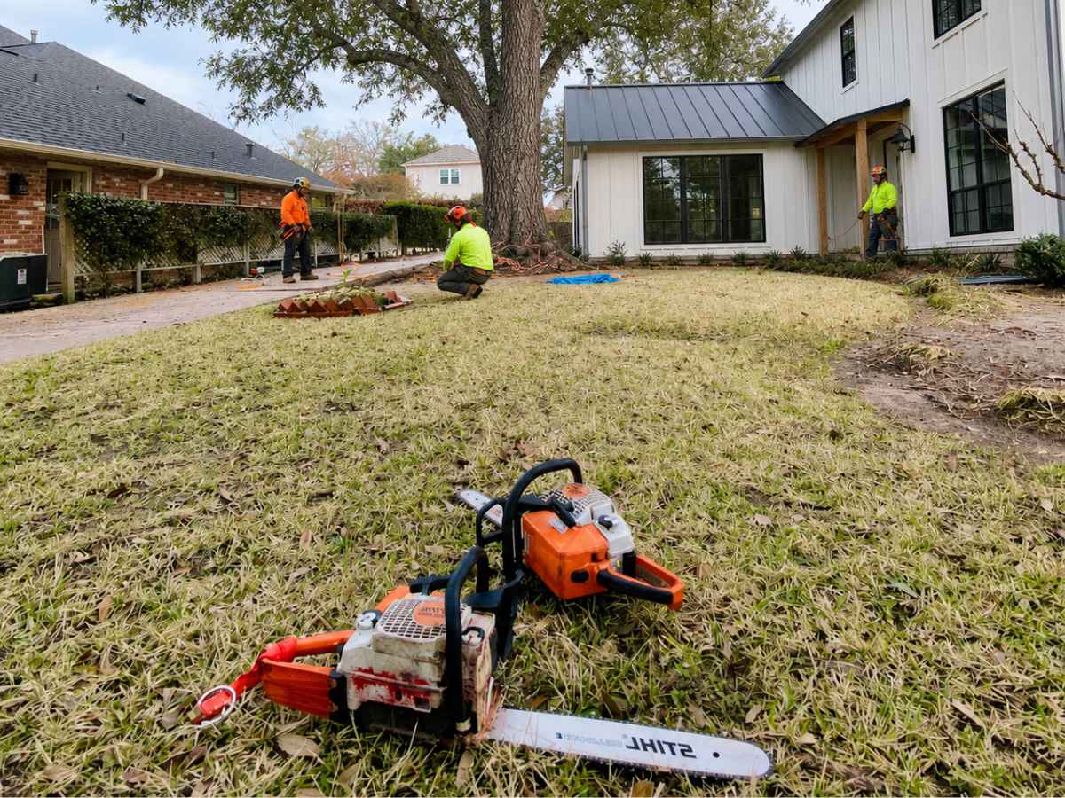 Tree service crew working beneath a mature pecan outside a contemporary farmhouse.