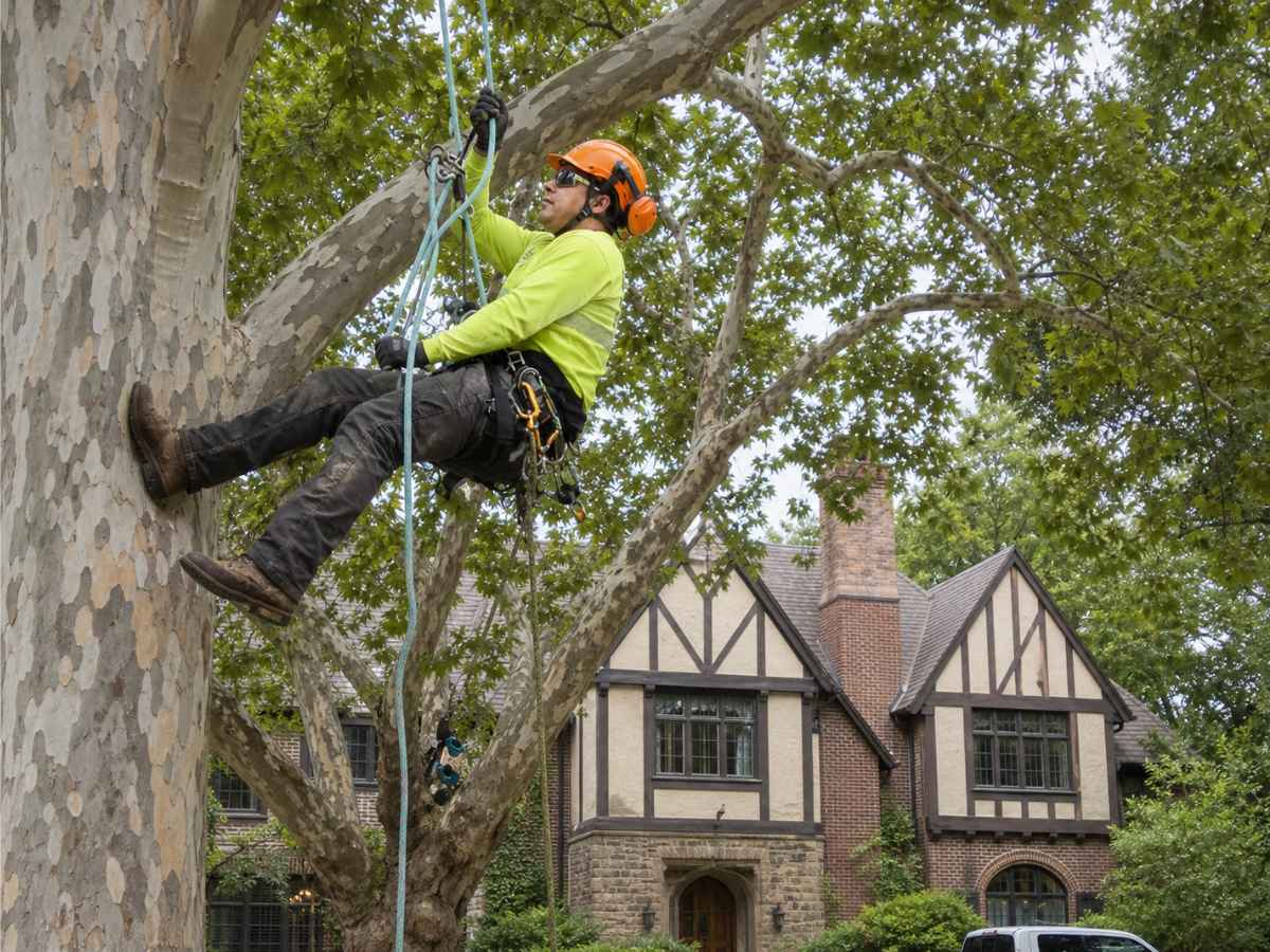 Arborist in lime protective gear rigging a smooth-barked beech trunk for removal.