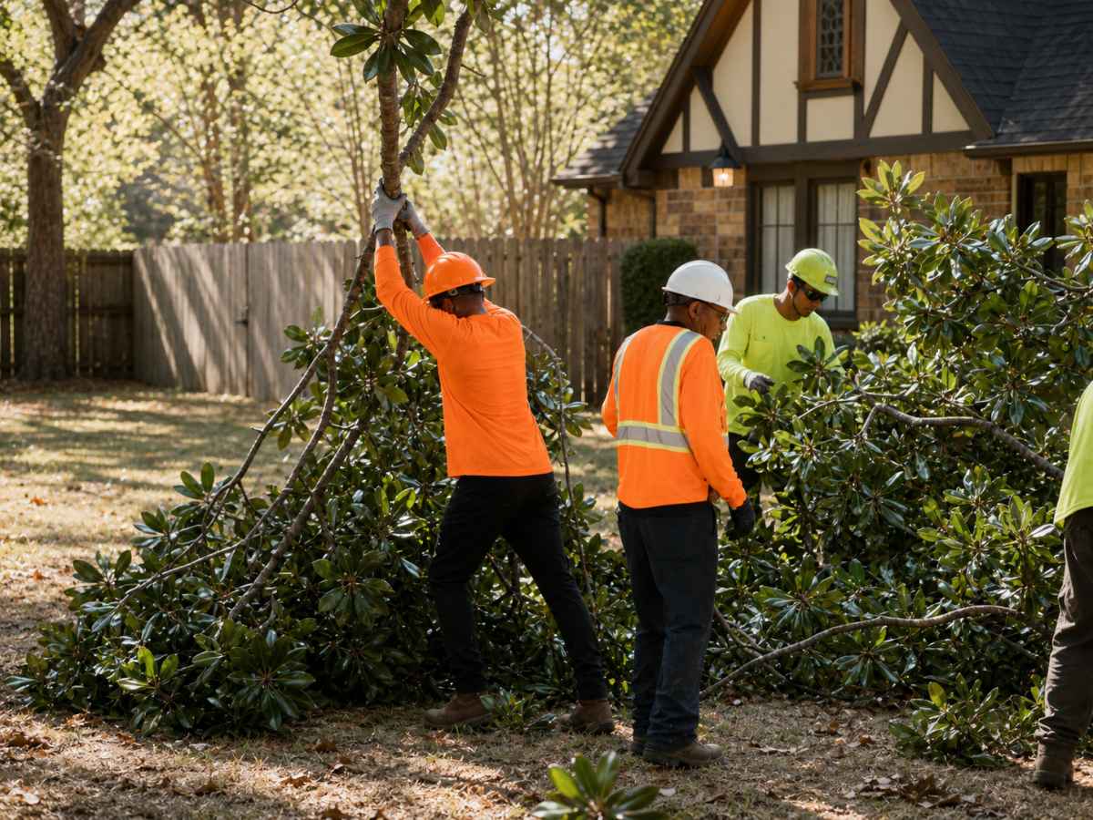 Tree service crew clearing magnolia branches outside a Tudor-style home.