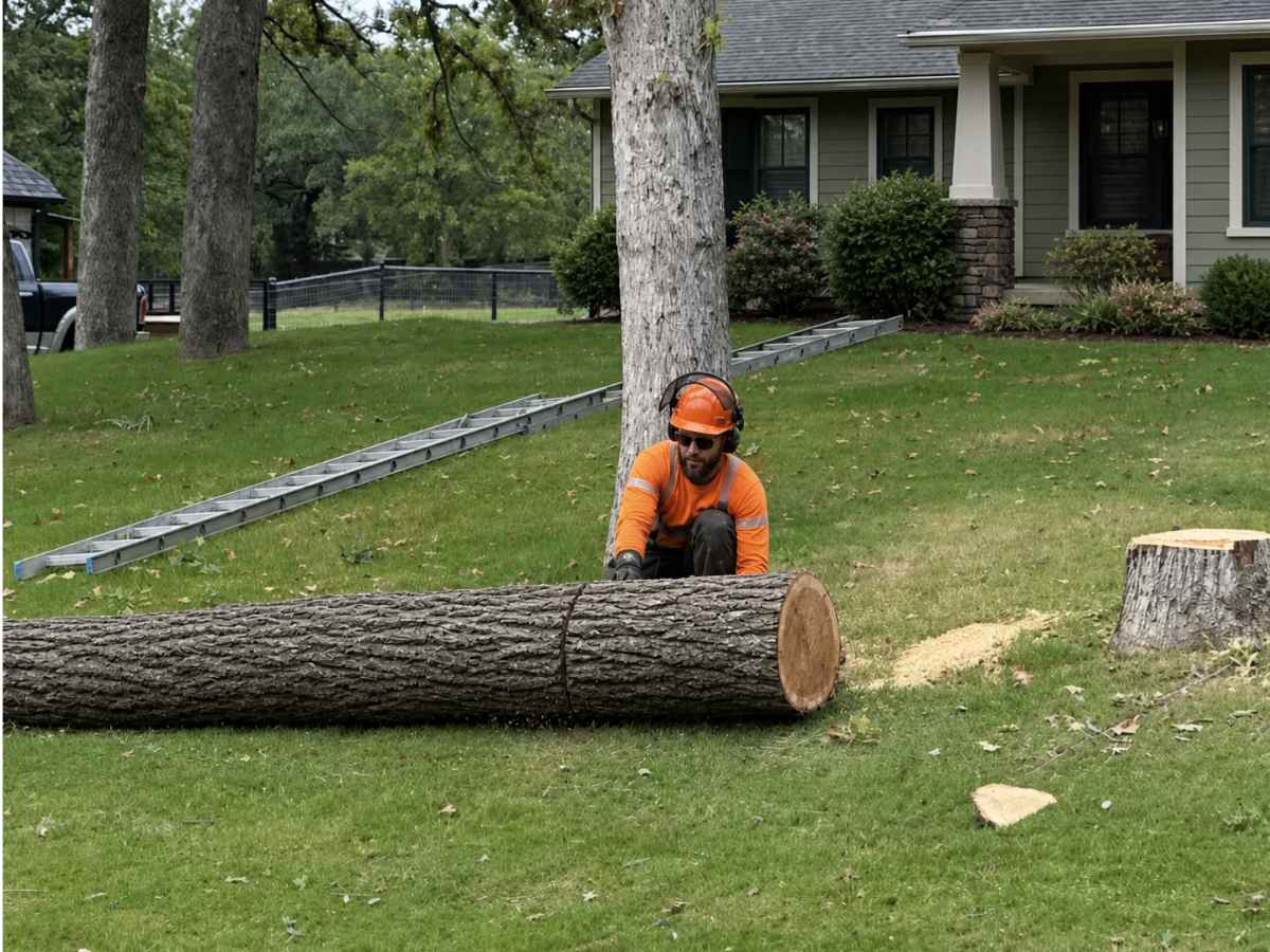 Tree service worker wearing high-visibility forestry PPE cuts a large red oak log outside a Craftsman-style home.
