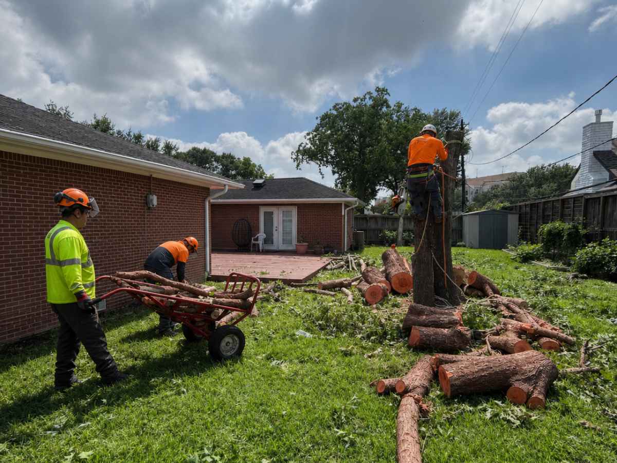 Three tree service workers clear red cedar logs from the yard of a brick ranch home.