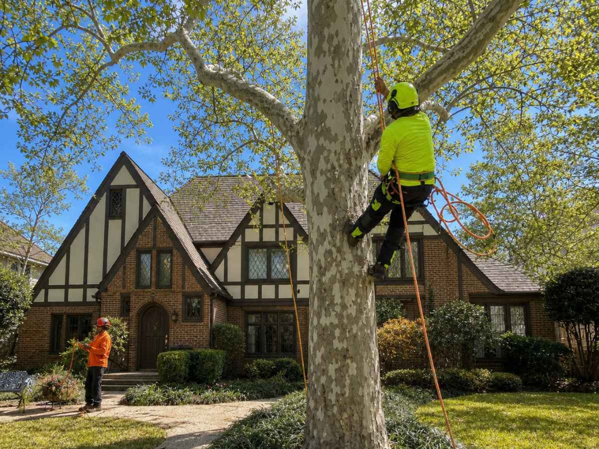 Climber and ground worker servicing a sycamore in front of a Tudor-style home.