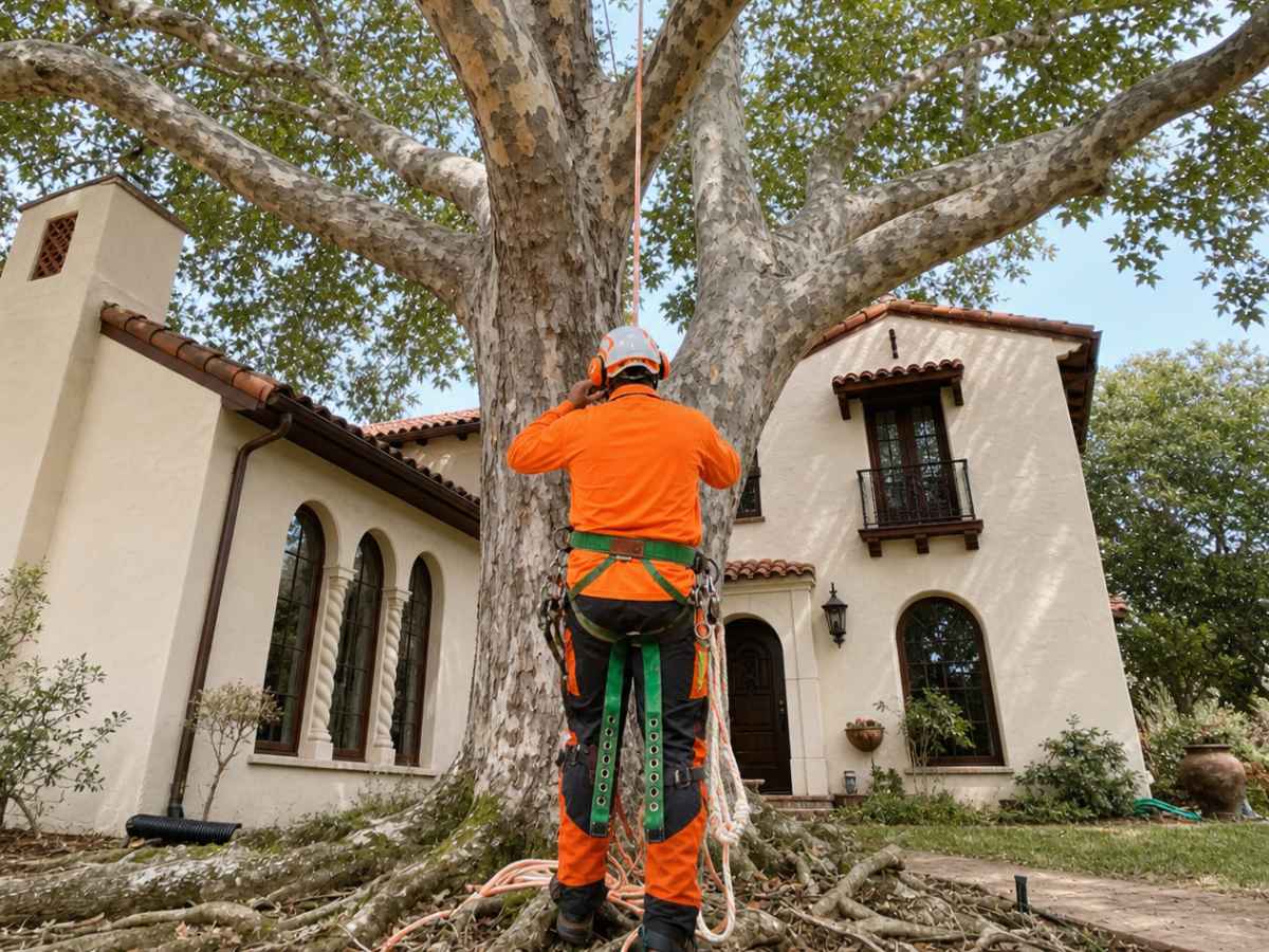 Arborist in orange safety gear rigging a mature sycamore outside a Mediterranean home.
