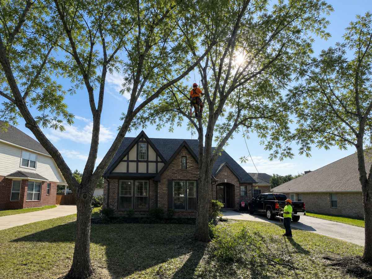 Tree service climber and ground worker prune mature pecan trees in front of a Tudor-style suburban home.
