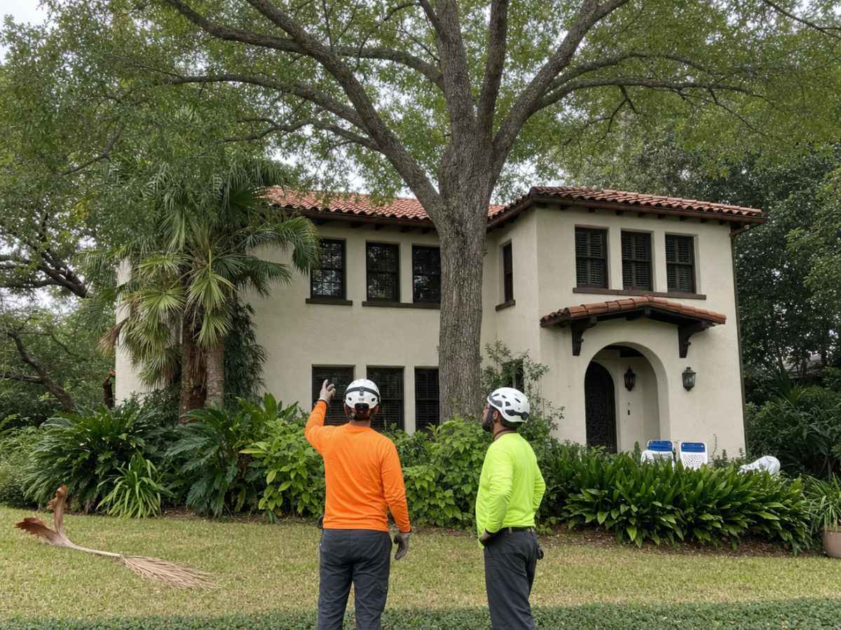 Two tree professionals assessing a mature pecan outside a Spanish Colonial home.