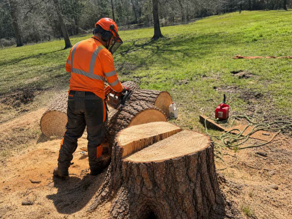 Tree service worker in orange chainsaw PPE cuts large pine sections beside a massive stump in a sunny field.