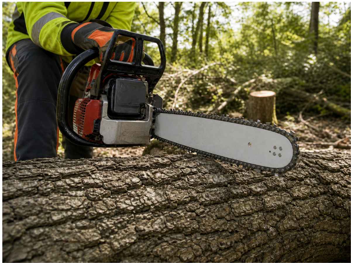 Tree service worker in high-visibility forestry PPE positioning a red and charcoal chainsaw over a rough-barked oak trunk in a sunlit woodland.