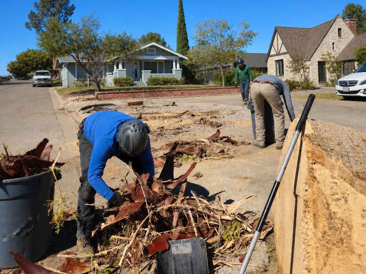Three tree-service workers in blue, green, and gray clear branches and trunk rounds between Tudor and Craftsman homes.