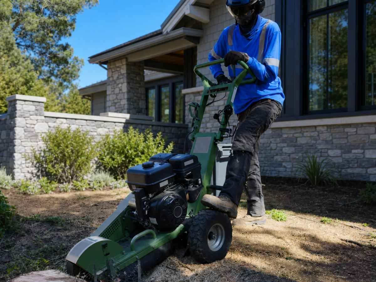 Worker in blue high-visibility clothing operates a green unbranded stump grinder beside a gray Craftsman residence.