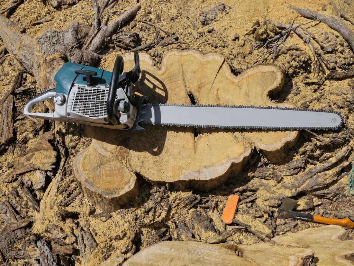 Plain teal-and-silver chainsaw rests across a reduced fresh stump amid wood chips and cut roots.