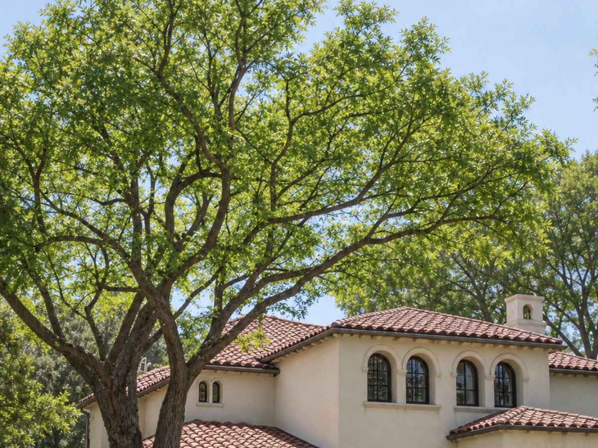 Moderately reduced leafy tree stands before a cream Spanish Revival home with arched windows and red tile roofing.