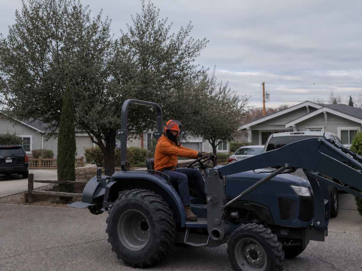 Worker in burnt-orange workwear drives a plain navy tractor past gray Craftsman homes and smaller trees.