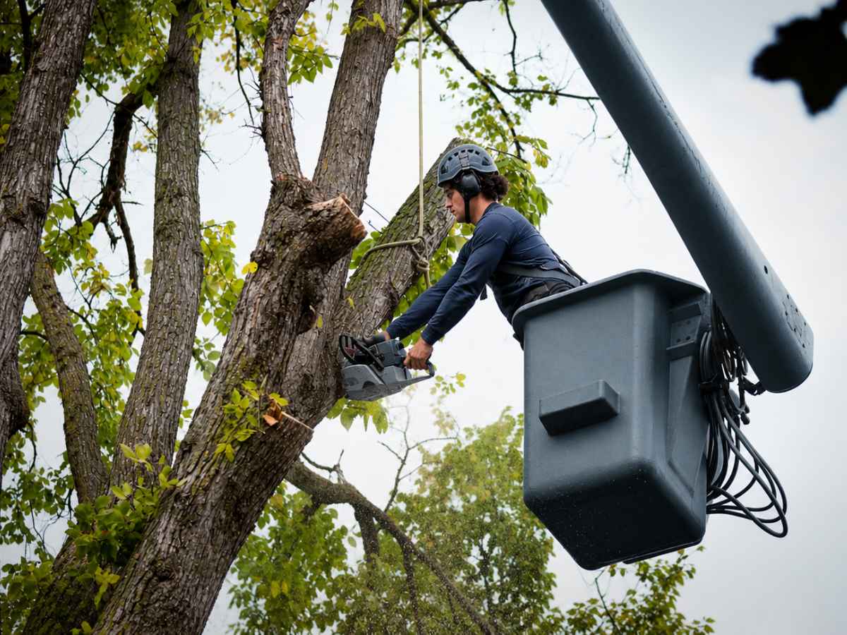 Bucket-lift arborist in navy workwear cuts a slimmer multi-stem tree using plain gray equipment.