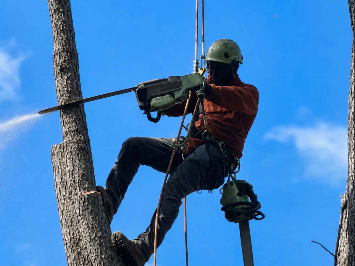 Suspended arborist in rust-red workwear operates a plain green pole saw between slimmer tree trunks.