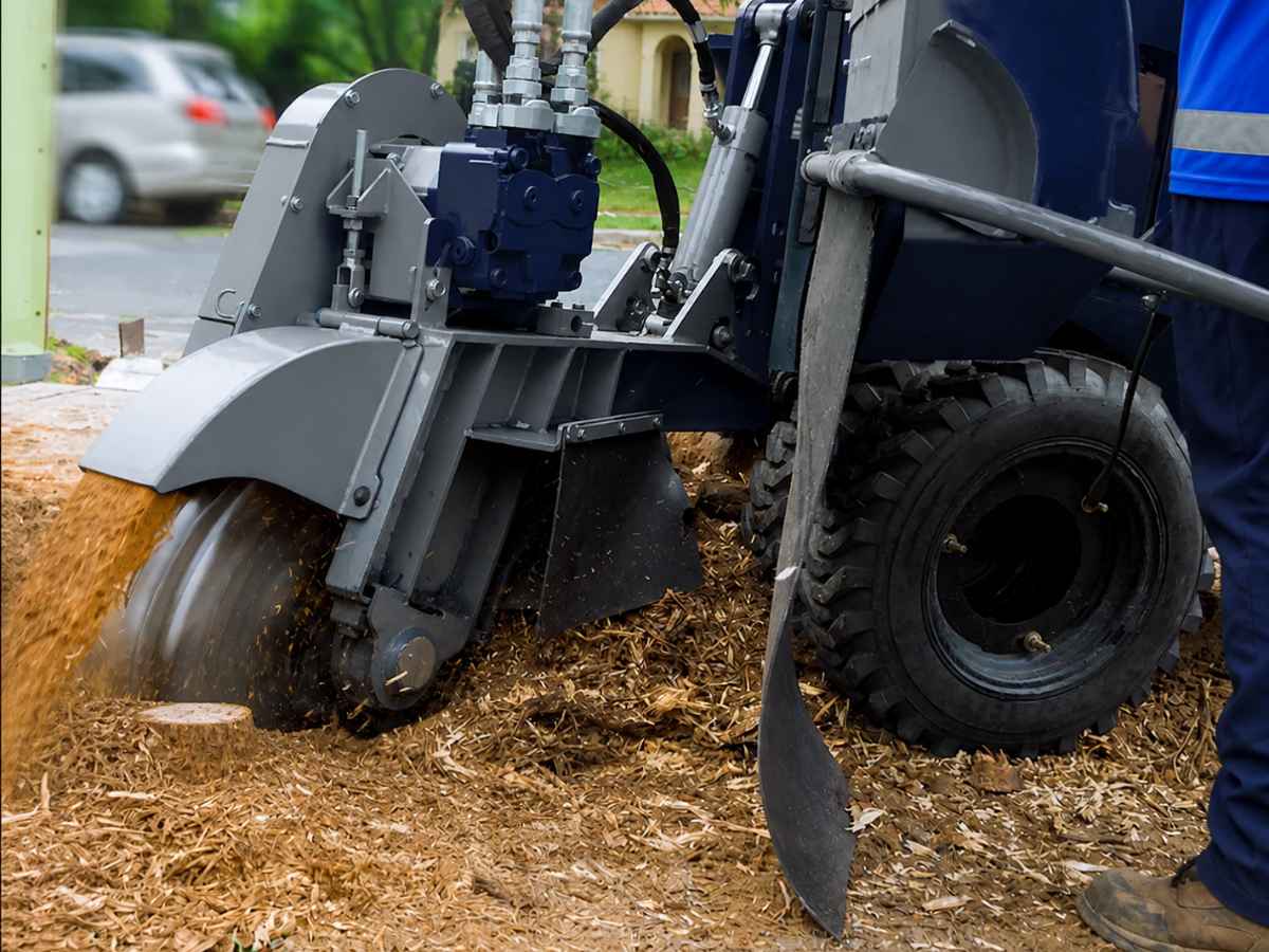 Close view of a plain navy-and-silver stump grinder working near a Spanish Revival cottage.
