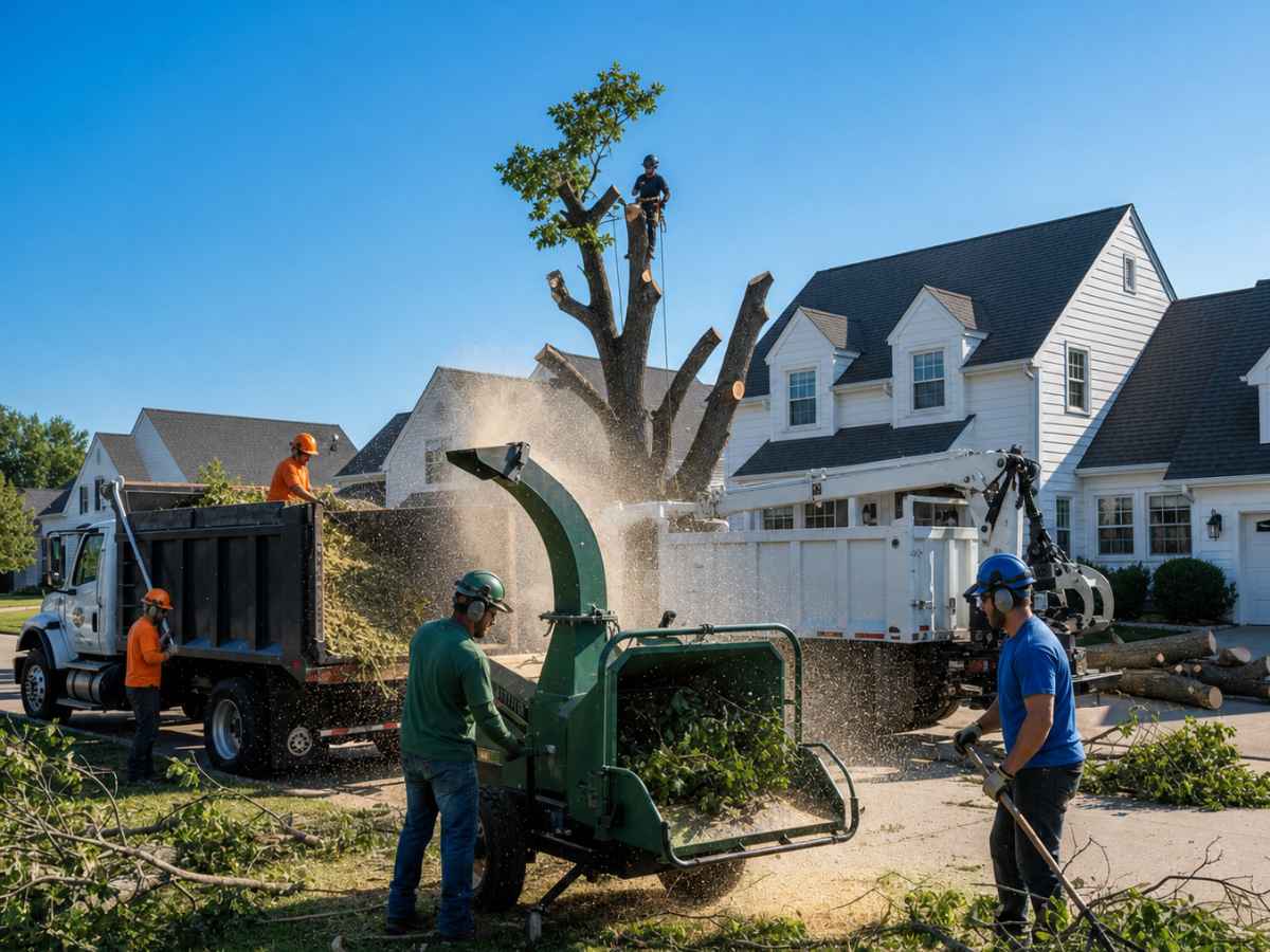 A multicolored tree crew operates a plain green chipper and dark dump truck before white Cape Cod-style homes.