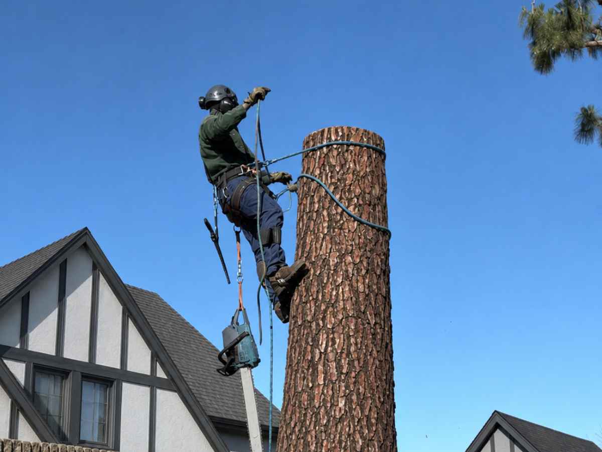 An arborist in green and navy climbs a reduced pine trunk with a blank teal chainsaw above gray Tudor-style homes.