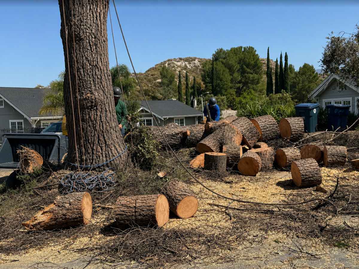 Workers in blue and green process reduced logs beside a plain dark chipper and gray Craftsman homes.