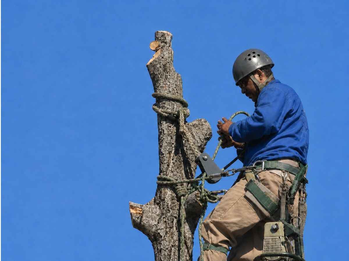 An arborist in a blue work jacket and tan protective trousers manages ropes and blank climbing equipment on a heavily pruned trunk beneath a clear sky.