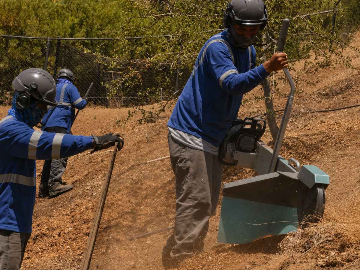 Three tree-service workers in blue protective shirts and graphite helmets operate an unbranded teal-and-graphite stump grinder on a dry hillside.