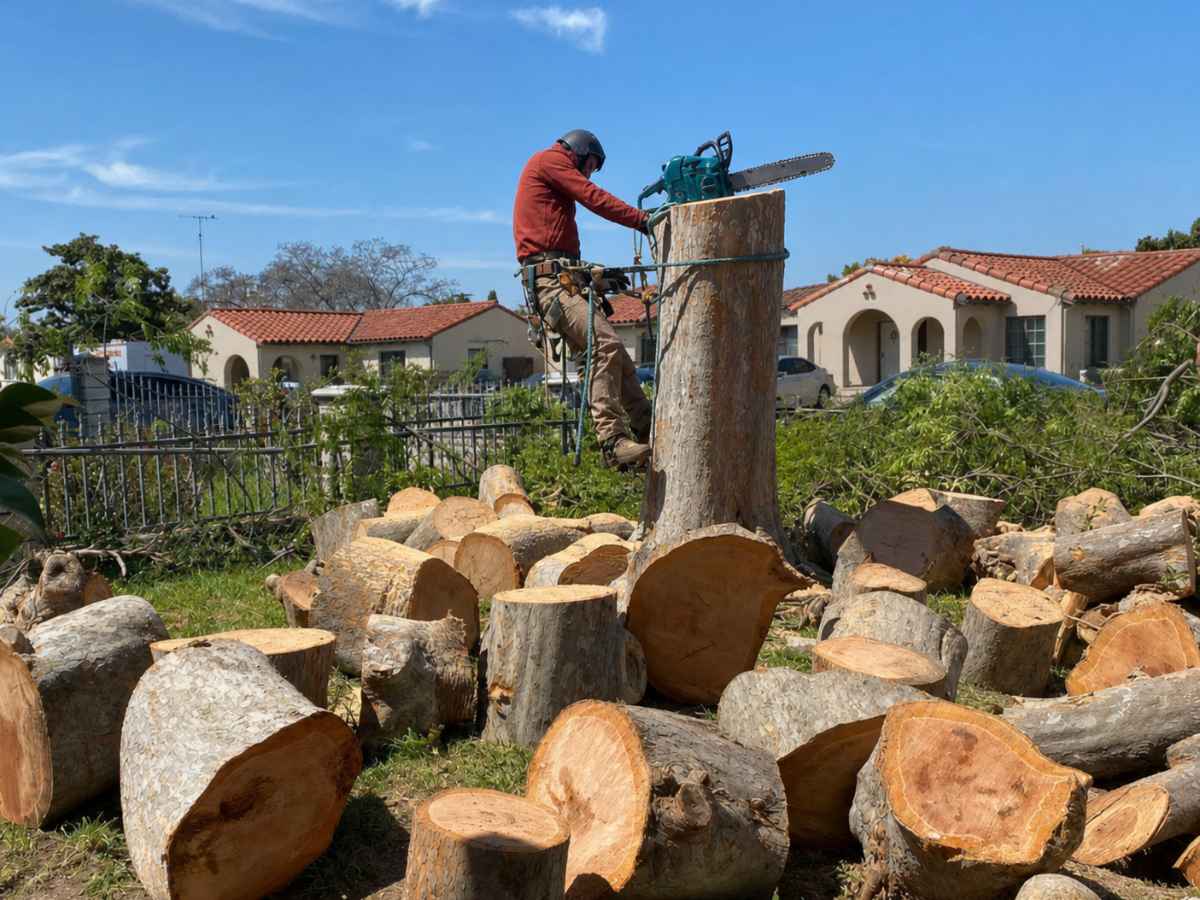An arborist in rust-red and tan works atop a reduced trunk with a blank teal chainsaw and Spanish Revival homes beyond.