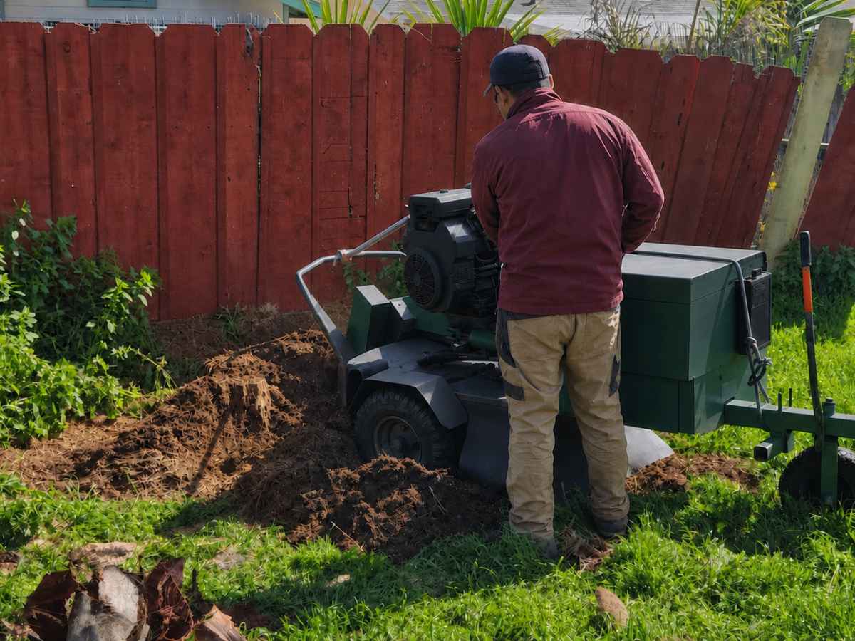 A worker in burgundy and tan operates a plain forest-green stump grinder beside a red wooden fence.