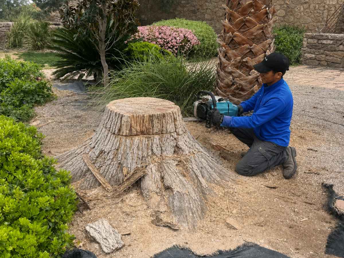 A worker in blue uses a teal chainsaw beside a broad stump and palm tree in a landscaped yard.