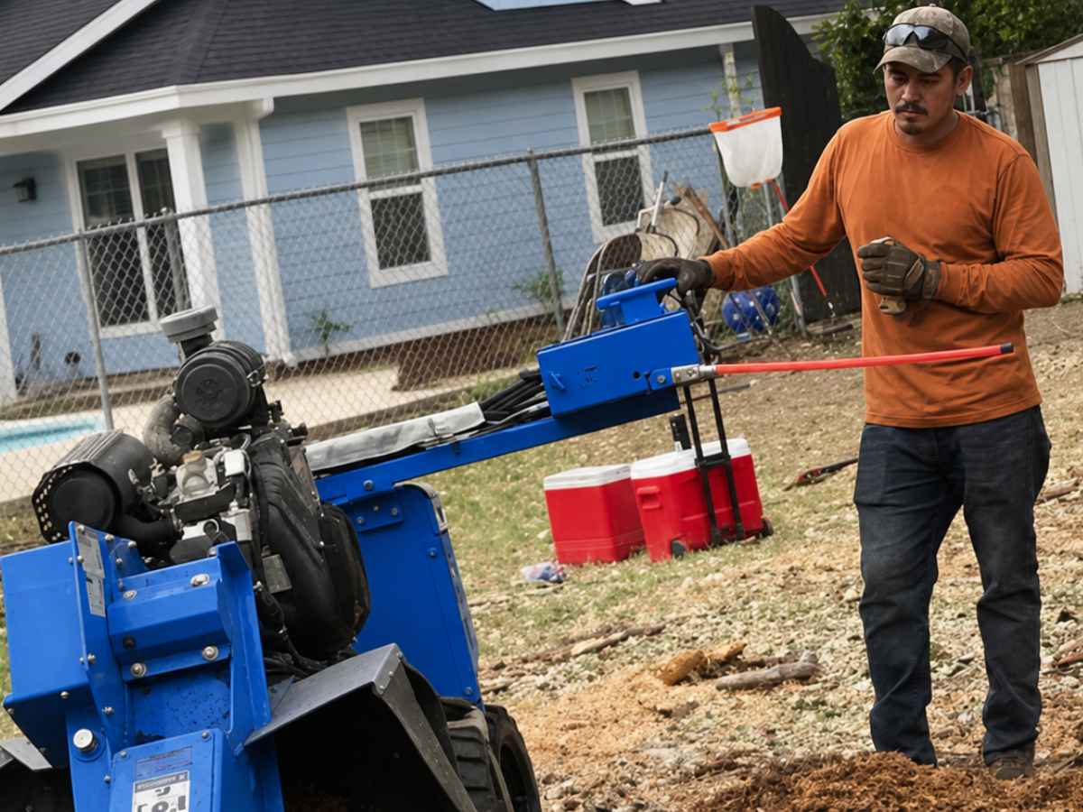 An orange-clad worker stands beside a blue stump grinder with a light-blue craftsman home and swimming pool behind him.